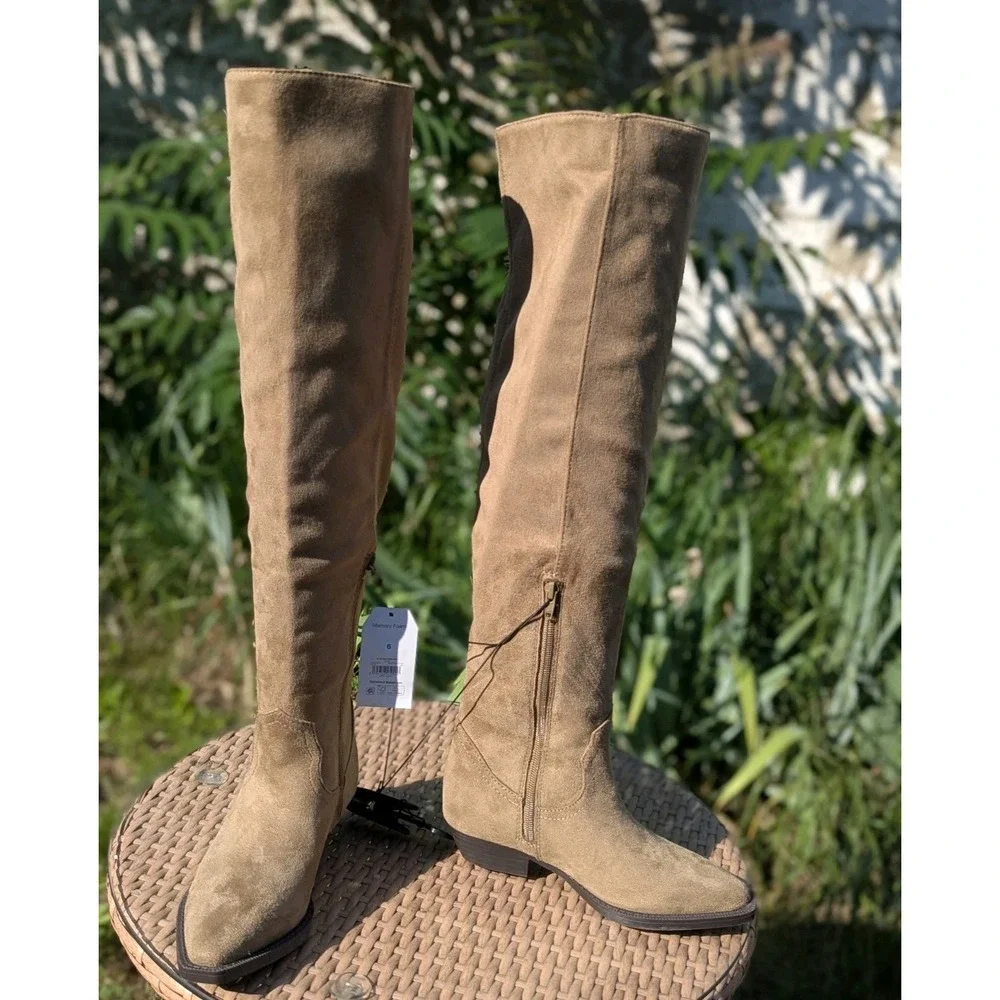 Coastal Cowgirl Western Over the Knee Taupe Boots Time & Tru Faux Suede Sz 6 NWT
